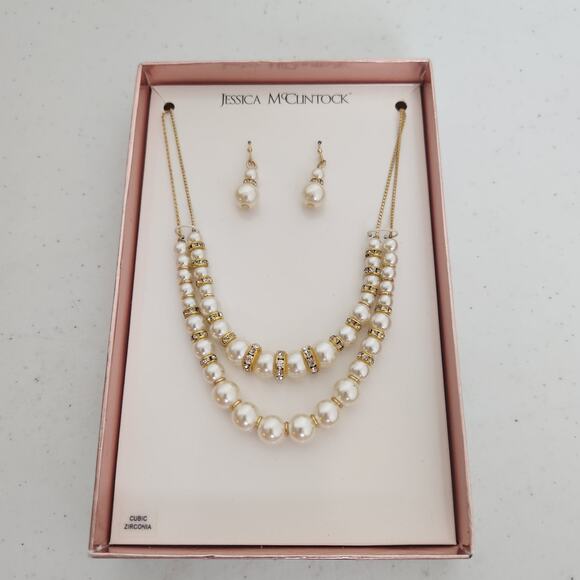 Jessica McClintock Necklace and Earrings Pearl Rhinestones - Picture 2 of 7